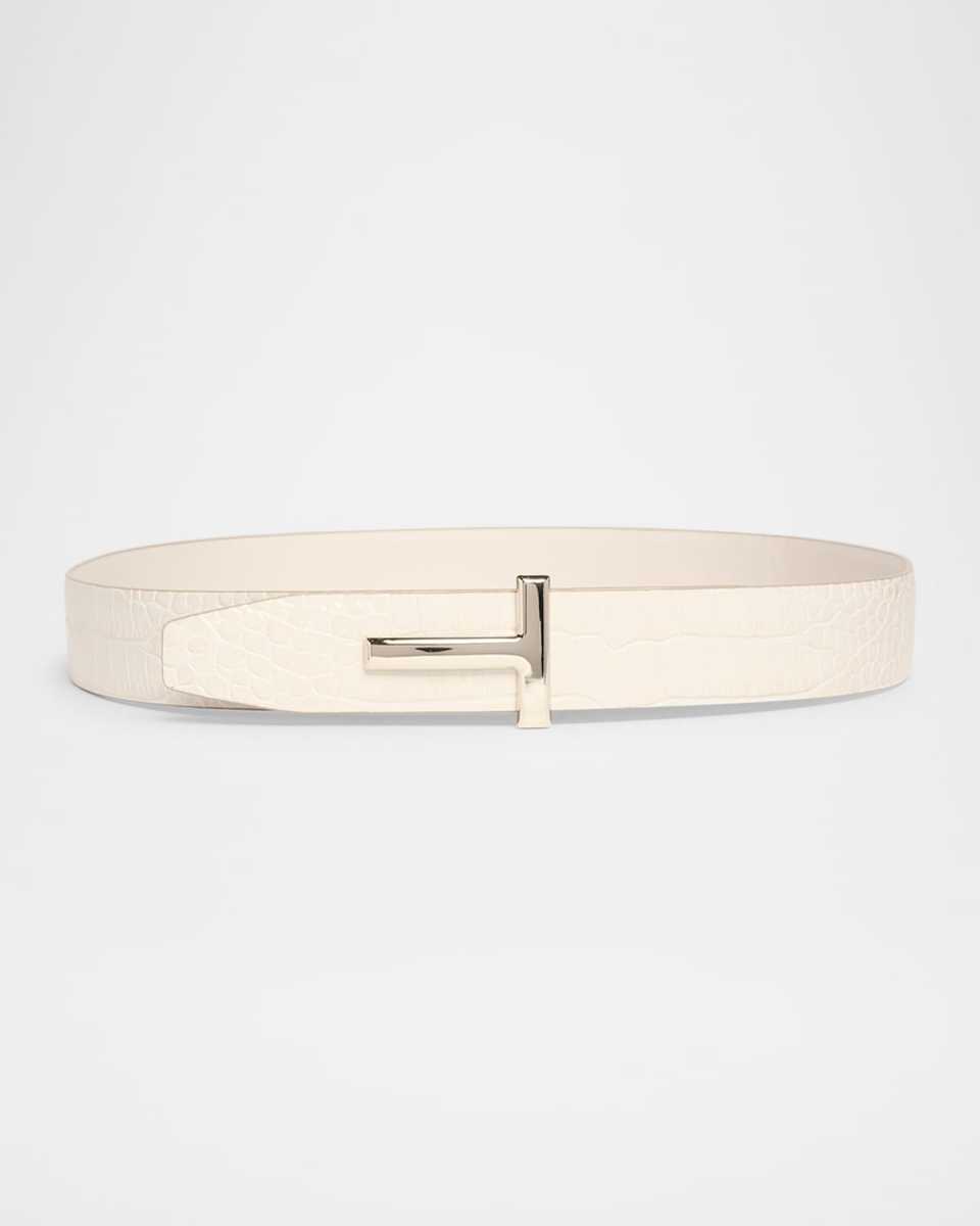 T-Logo Reversible Calfskin Leather Croc-Embossed Belt